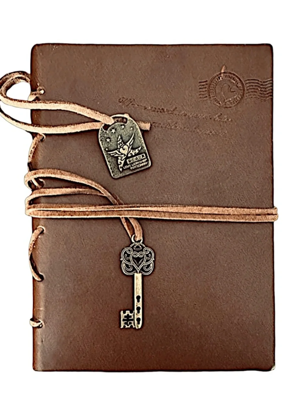 Vintage Inspired Brown Faux Leather Log Notebook Journal 4”x 5.5” w/Strap & Key